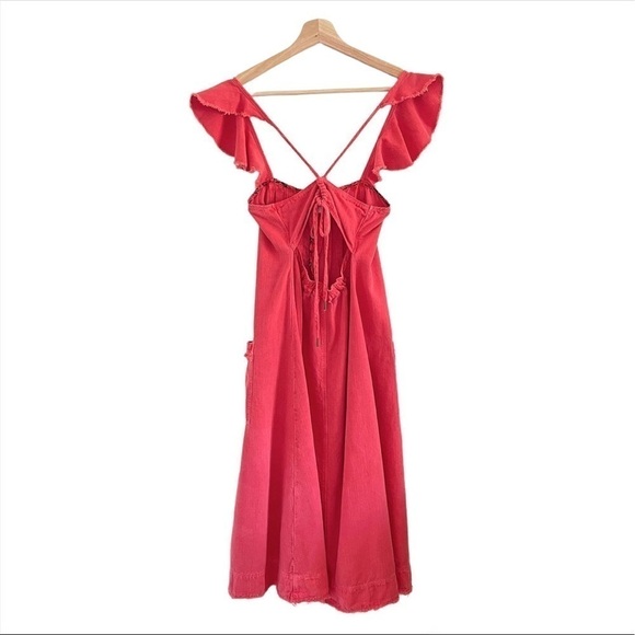 NWT Anthropologie Pilcro Linen Flutter Sleeve Midi Apron Dress Red XXS - Small - Picture 7 of 15